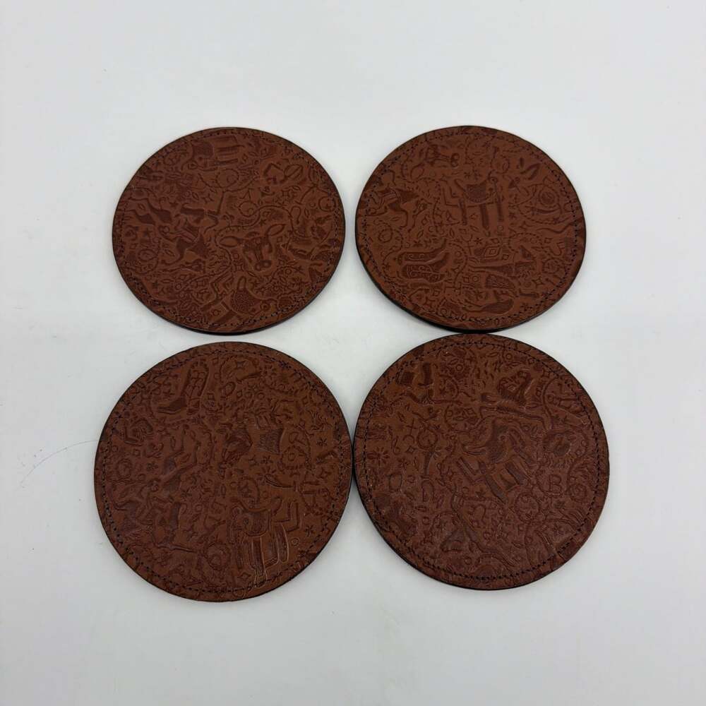 Handmade Leather Coasters Set of 4 Cattle And Boots Tooled Brown Western Rustic